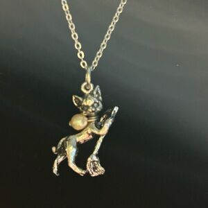Cyvra Elf Pixie Fairy Whimsical Cat with Broom pendant necklace 16.5 inch silver